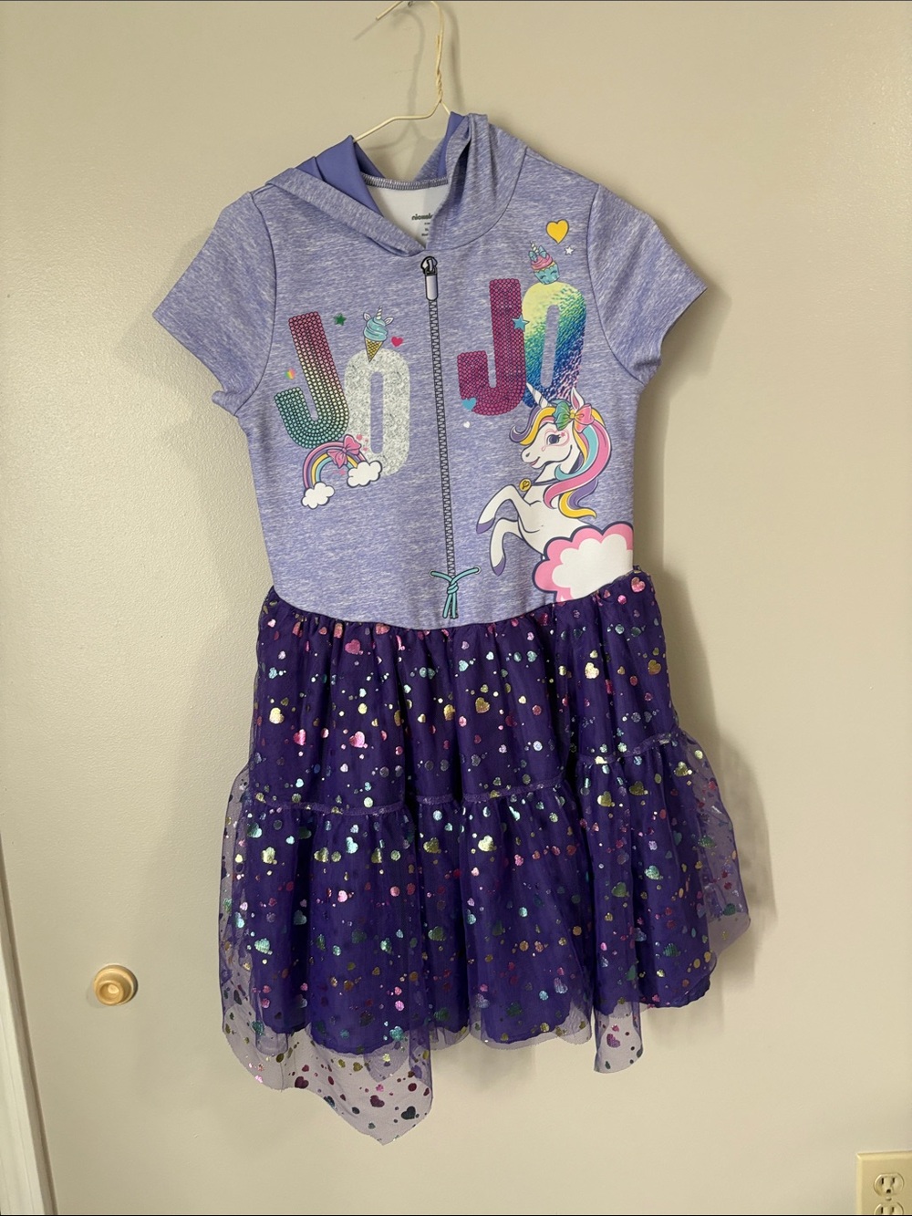 Nickelodeon Girls Purple Unicorn Hooded Dress with Rainbow Accents